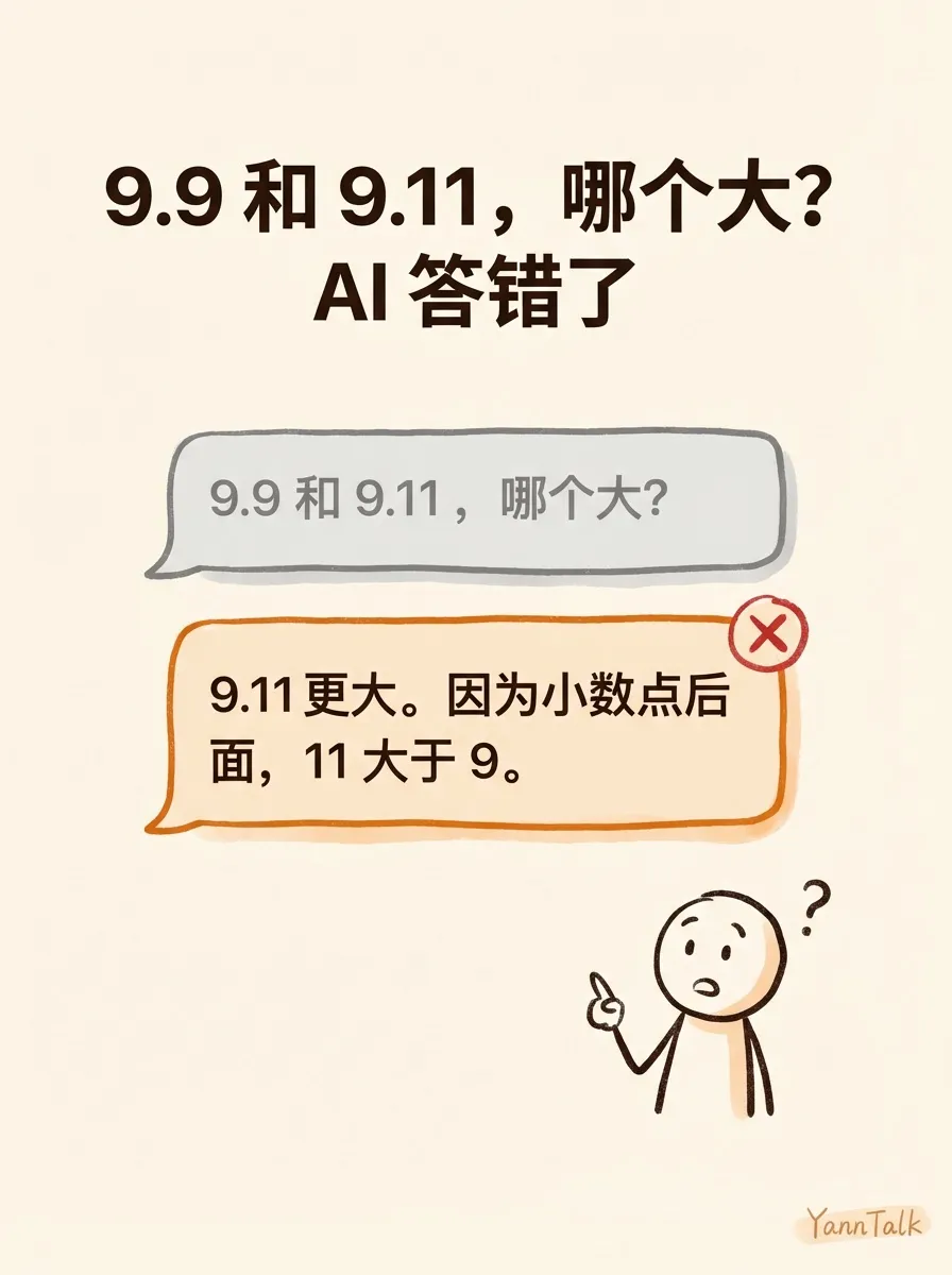 9.9 和 9.11，哪个大？AI 答错了——它没有真假概念