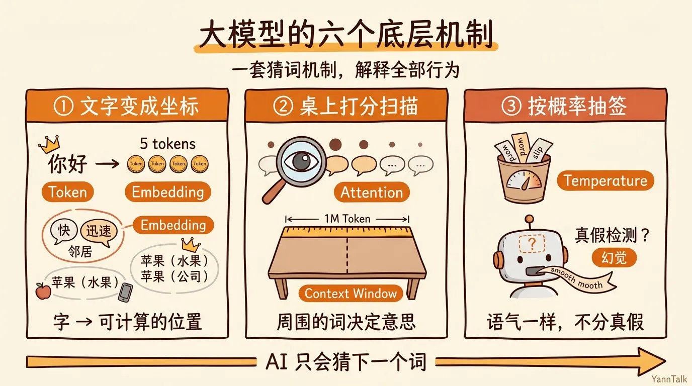 大模型的六个底层机制:文字变成坐标 → 桌上打分扫描 → 按概率抽签